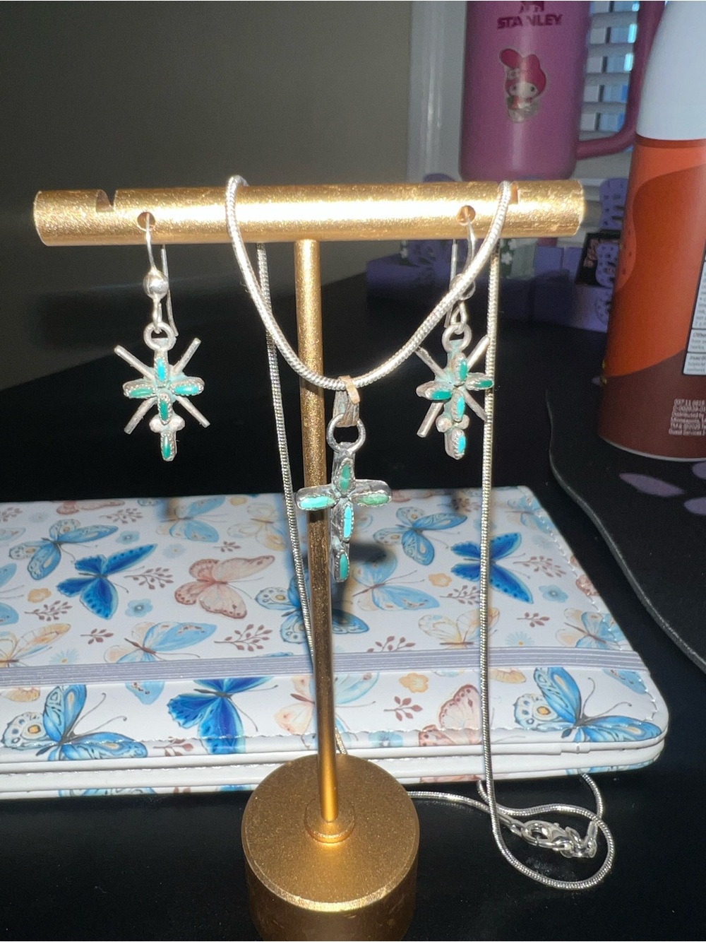 Vintage Silver Cross Pendant and Earrings Set with Turquoise Inlay